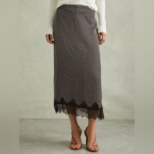 Reiss Chevron Ivy Black/Ivory Striped Lace Trim Midi Skirt